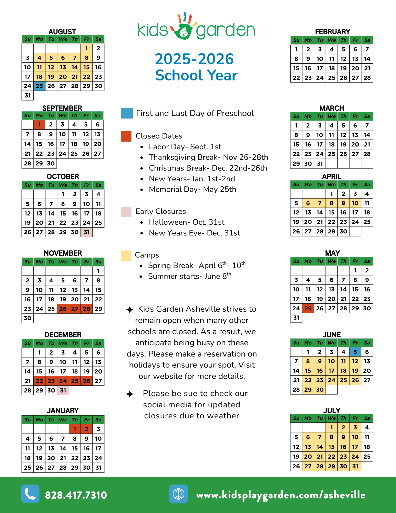 Kids Garden Asheville preschool calendar